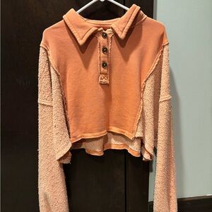 Cream and Orange Boxy Cropped Polo Sweatshirt